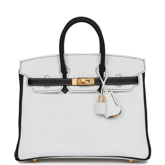 Hermès Special Order (HSS) Birkin 25 White and Black Clemence Brushed Gold Hardware