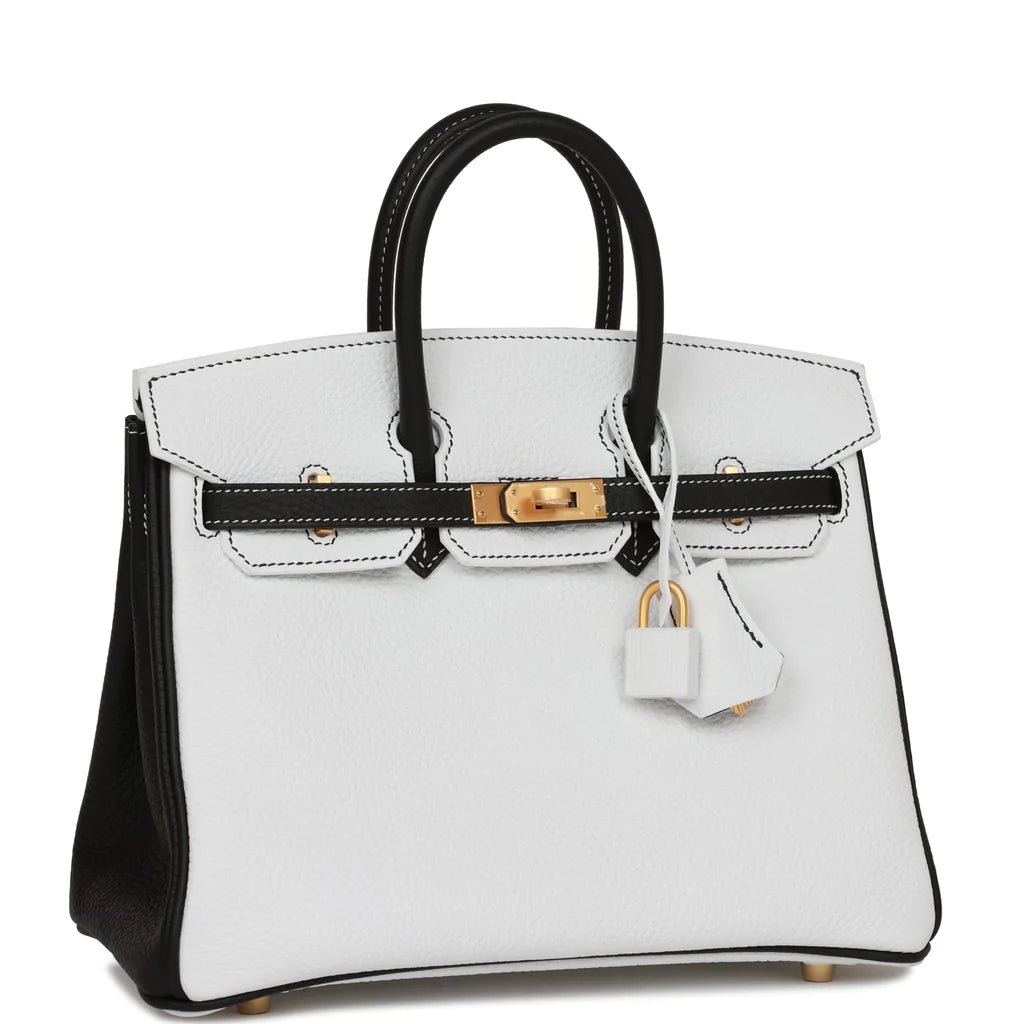 Hermès Special Order (HSS) Birkin 25 White and Black Clemence Brushed Gold Hardware