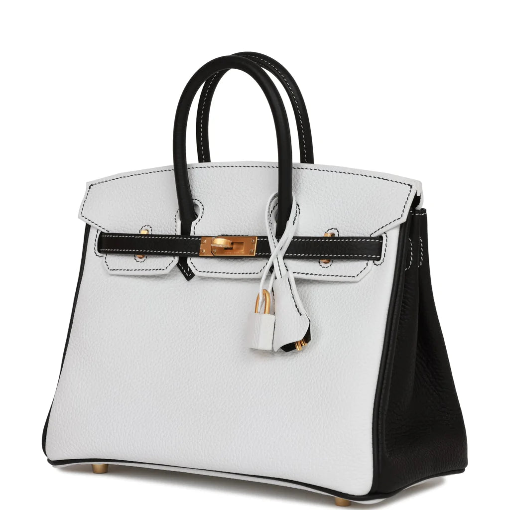 Hermès Special Order (HSS) Birkin 25 White and Black Clemence Brushed Gold Hardware