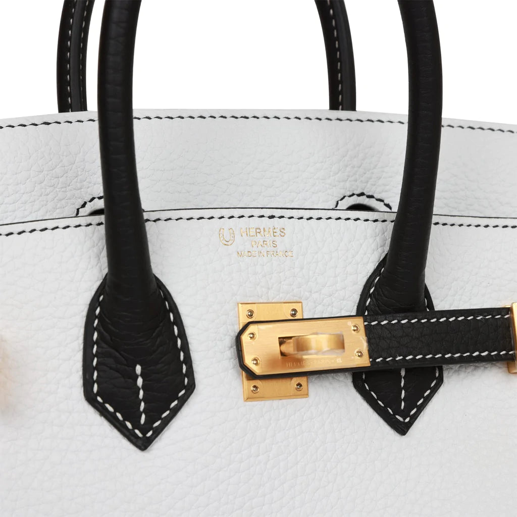 Hermès Special Order (HSS) Birkin 25 White and Black Clemence Brushed Gold Hardware