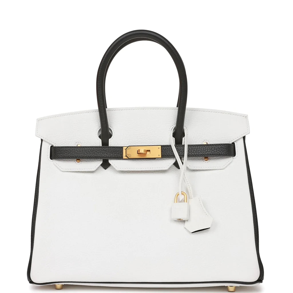 Hermès Special Order (HSS) Birkin 30 White and Black Clemence Brushed Gold Hardware