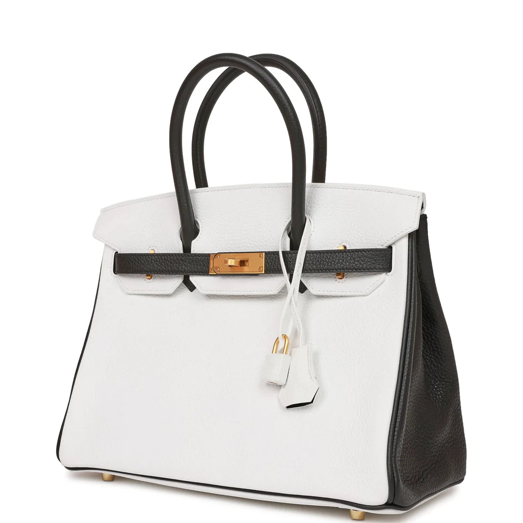 Hermès Special Order (HSS) Birkin 30 White and Black Clemence Brushed Gold Hardware