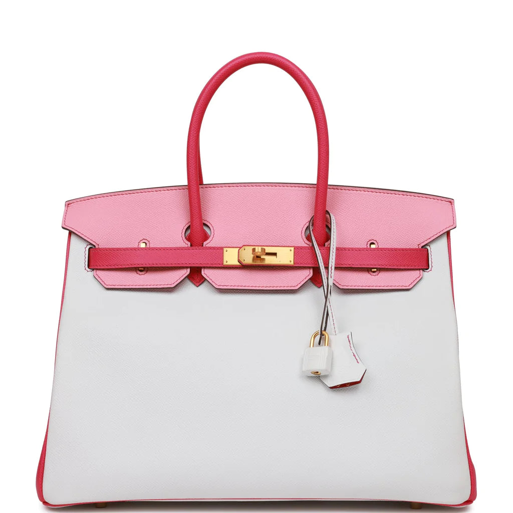 Hermès Special Order (HSS) Birkin 35 Rose Tyrien, Rose Lipstick and White Epsom Brushed Gold Hardware