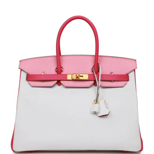 Hermès Special Order (HSS) Birkin 35 Rose Tyrien, Rose Lipstick and White Epsom Brushed Gold Hardware