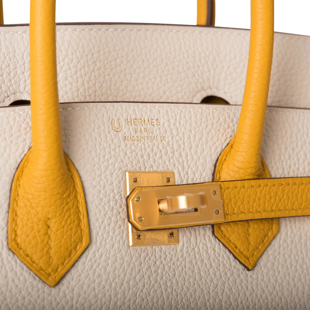 Hermès Special Order (HSS) Birkin 25 Craie and Jaune Ambre Togo Brushed Gold Hardware