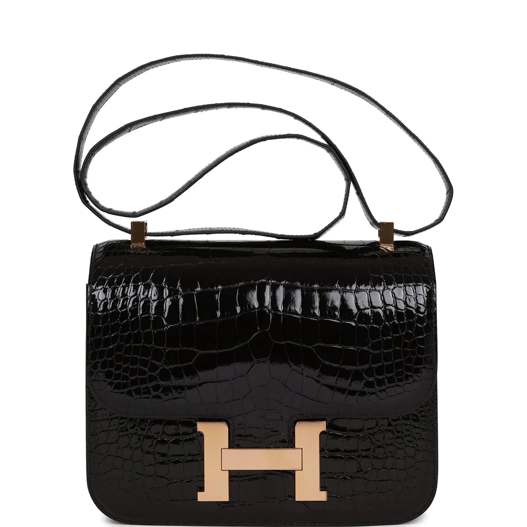 Hermès Constance 24 Black Shiny Alligator Rose Gold Hardware