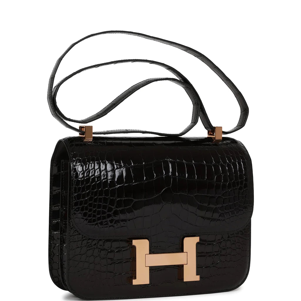 Hermès Constance 24 Black Shiny Alligator Rose Gold Hardware