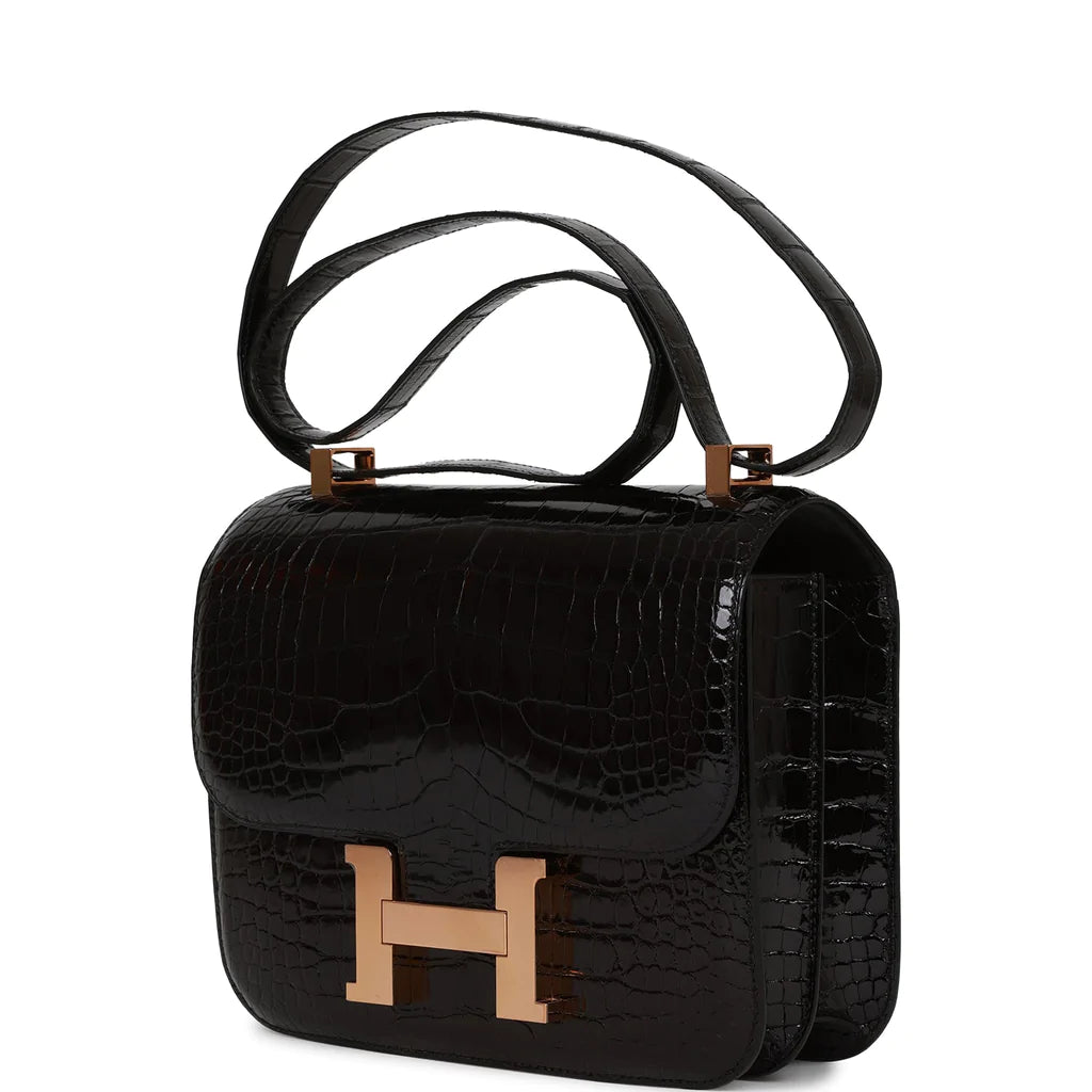 Hermès Constance 24 Black Shiny Alligator Rose Gold Hardware