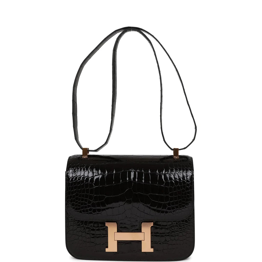 Hermès Constance 24 Black Shiny Alligator Rose Gold Hardware