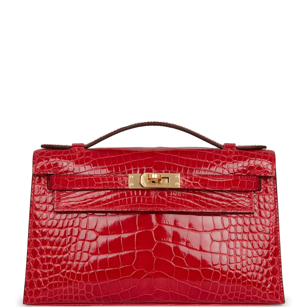 Hermès Kelly Pochette Rouge de Coeur Shiny Alligator Gold Hardware