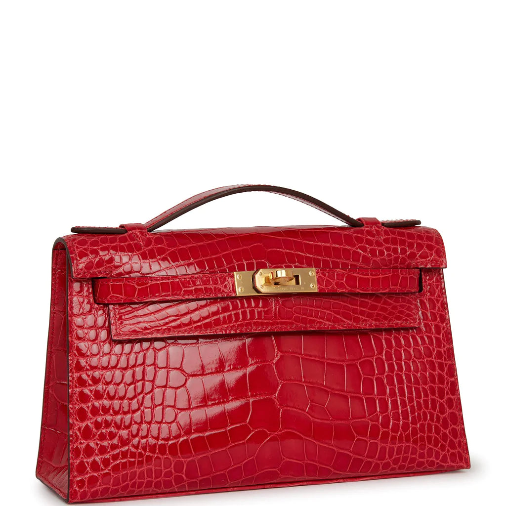 Hermès Kelly Pochette Rouge de Coeur Shiny Alligator Gold Hardware