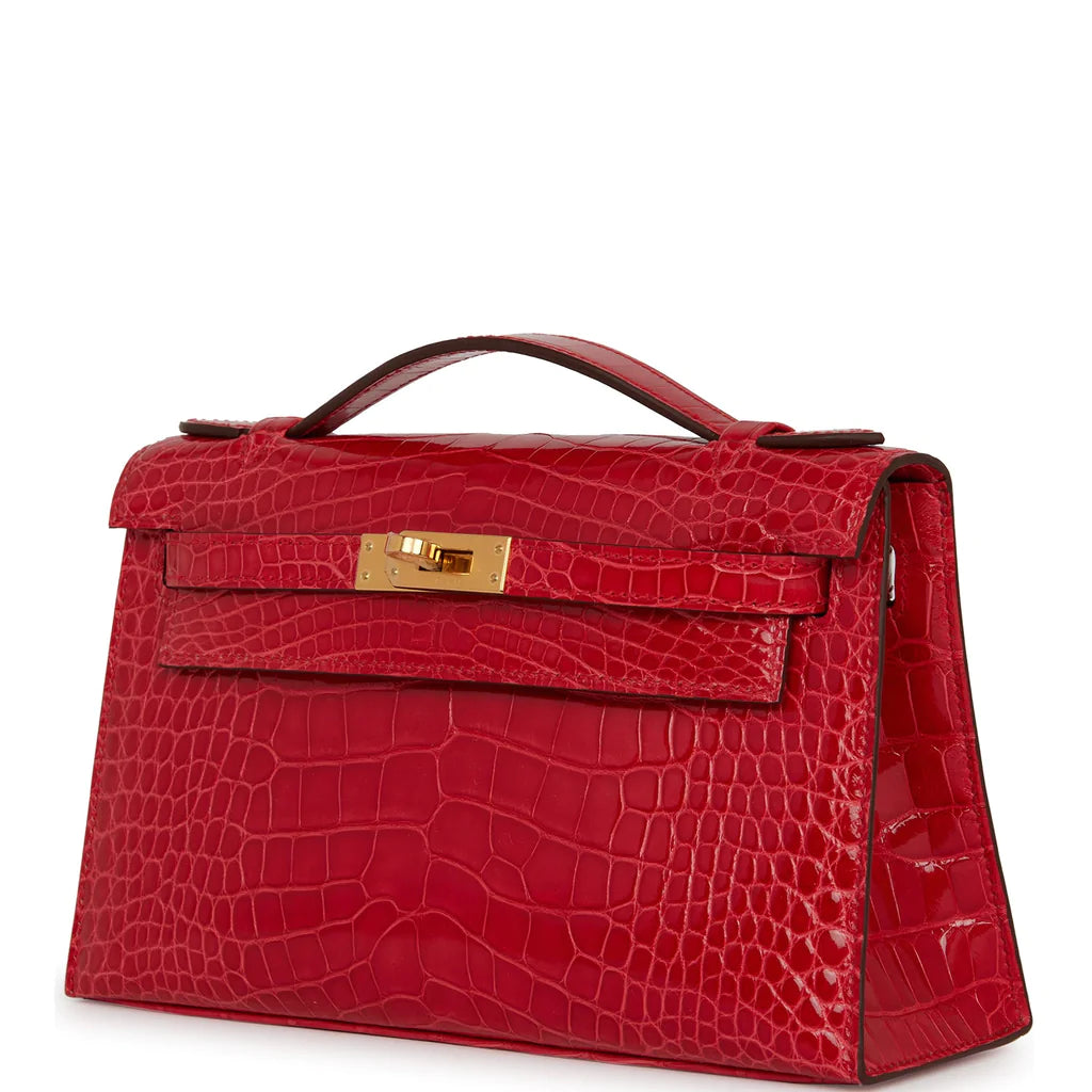 Hermès Kelly Pochette Rouge de Coeur Shiny Alligator Gold Hardware