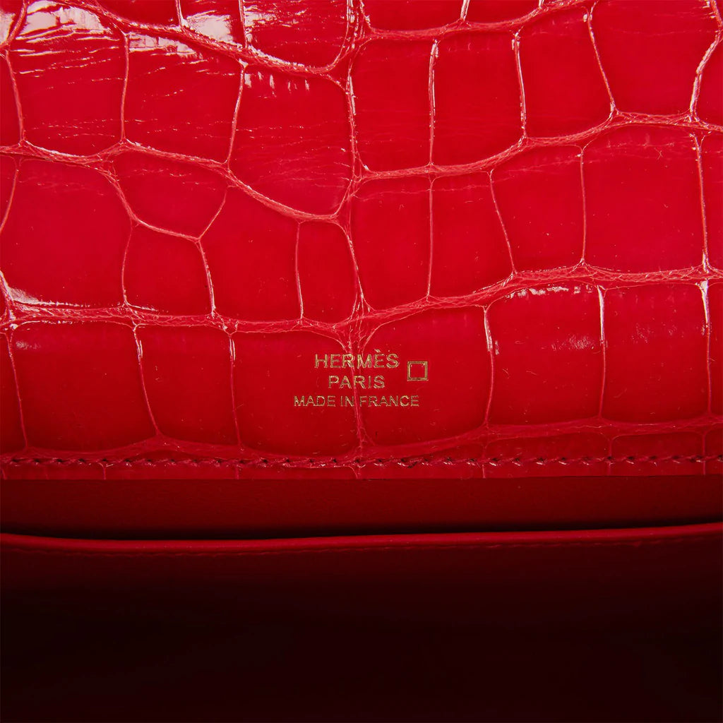 Hermès Kelly Pochette Rouge de Coeur Shiny Alligator Gold Hardware