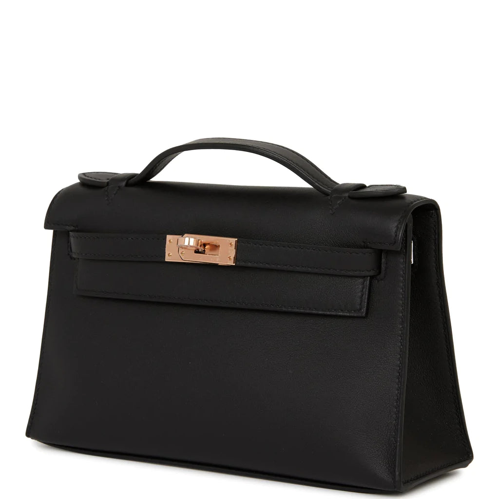 Hermès Kelly Pochette Black Swift Rose Gold Hardware