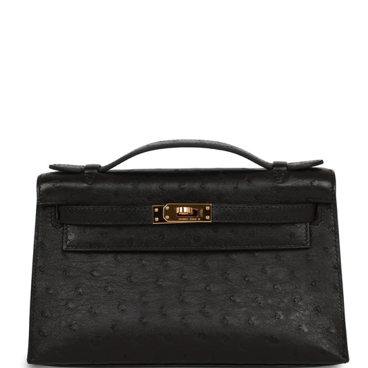 Hermès Kelly Pochette Black Ostrich Gold Hardware