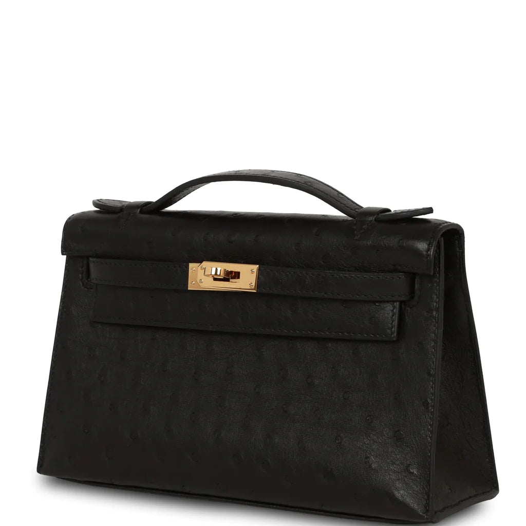 Hermès Kelly Pochette Black Ostrich Gold Hardware