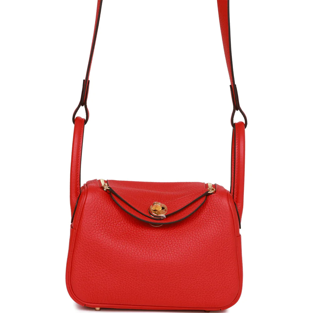 Hermès Mini Lindy Rouge de Coeur Clemence Gold Hardware