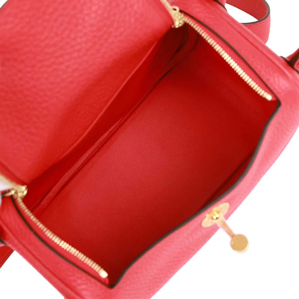 Hermès Mini Lindy Rouge de Coeur Clemence Gold Hardware