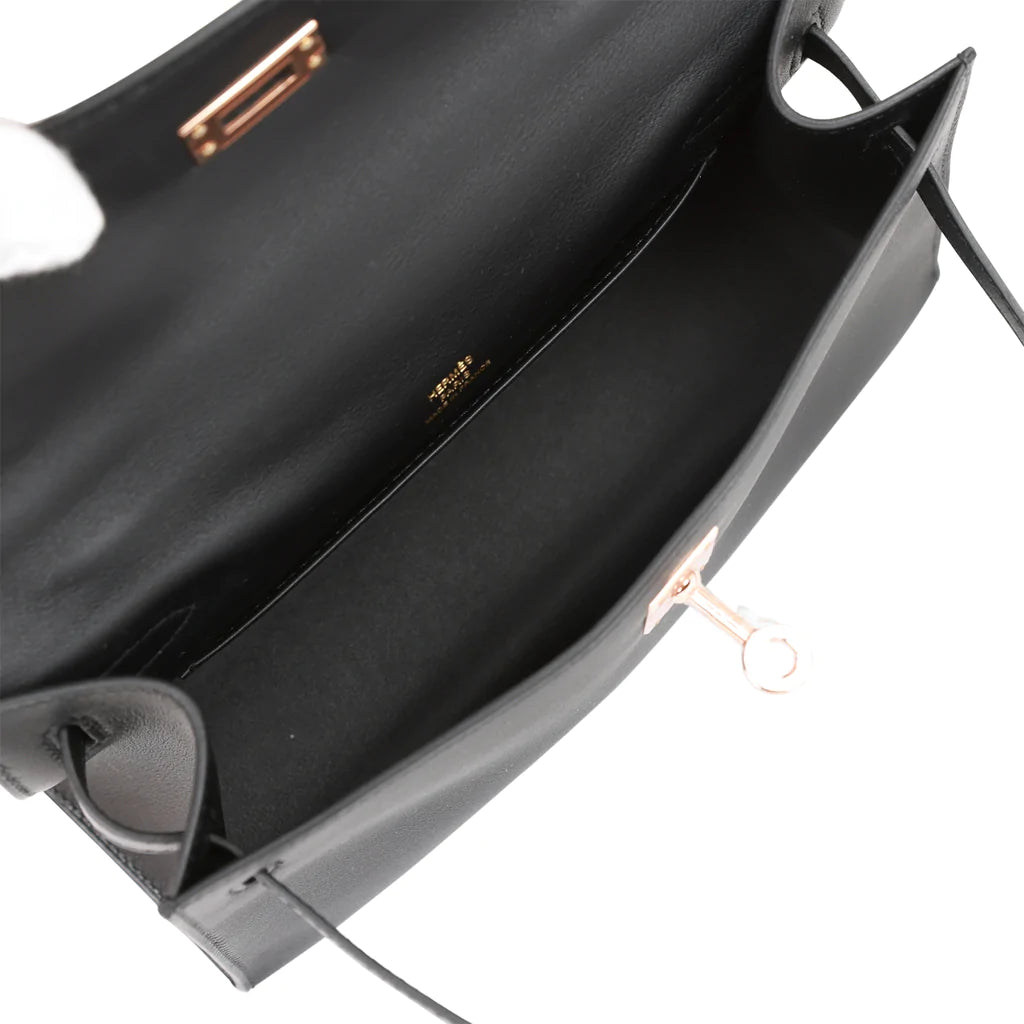 Hermès Kelly Pochette Black Swift Rose Gold Hardware