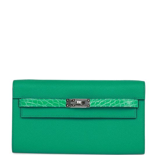 Hermès Touch Kelly Wallet To Go Vert Jade Epsom and Shiny Alligator Palladium Hardware