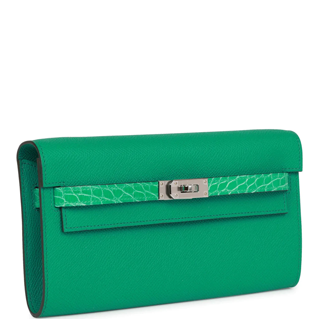 Hermès Touch Kelly Wallet To Go Vert Jade Epsom and Shiny Alligator Palladium Hardware