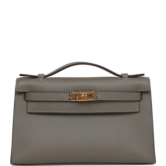 Hermès Kelly Pochette Gris Meyer Swift Gold Hardware