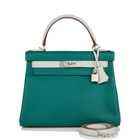 Hermès Special Order (HSS) Kelly Retourne 28 Malachite and Gris Perle Clemence Brushed Palladium Hardware