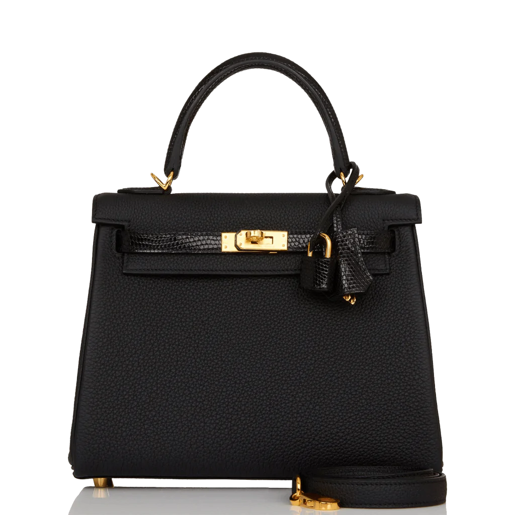 Hermès Kelly Retourne 25 Black Togo and Lizard Touch Gold Hardware