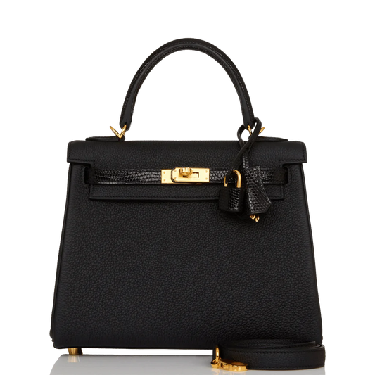 Hermès Kelly Retourne 25 Black Togo and Lizard Touch Gold Hardware