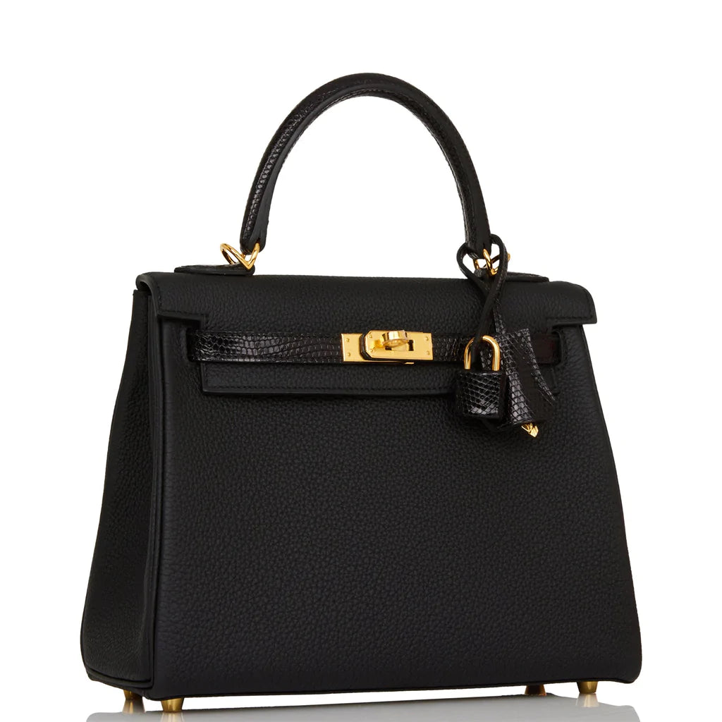 Hermès Kelly Retourne 25 Black Togo and Lizard Touch Gold Hardware