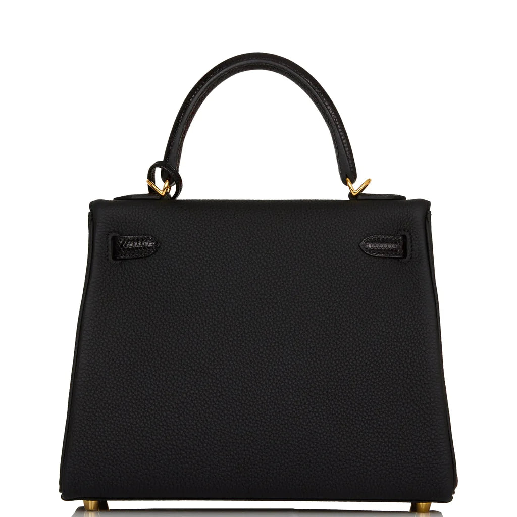 Hermès Kelly Retourne 25 Black Togo and Lizard Touch Gold Hardware