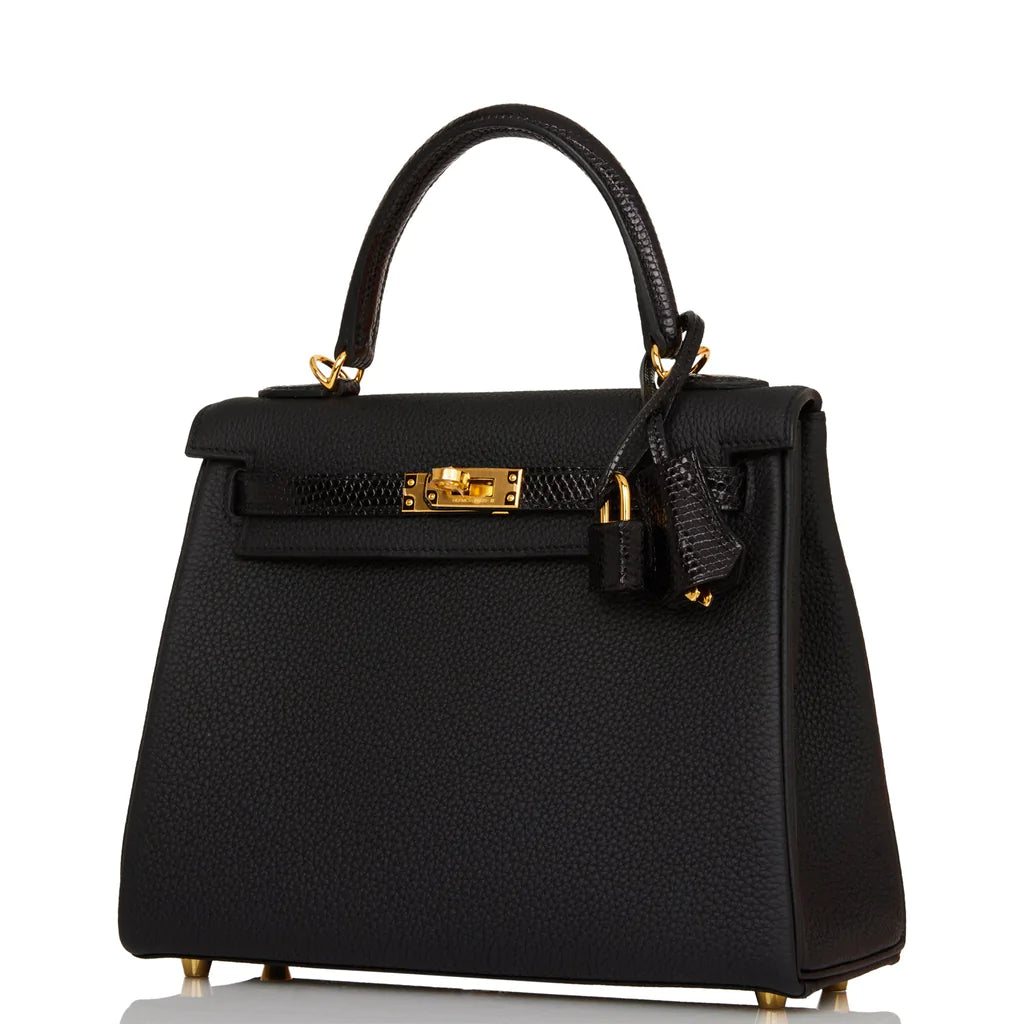 Hermès Kelly Retourne 25 Black Togo and Lizard Touch Gold Hardware