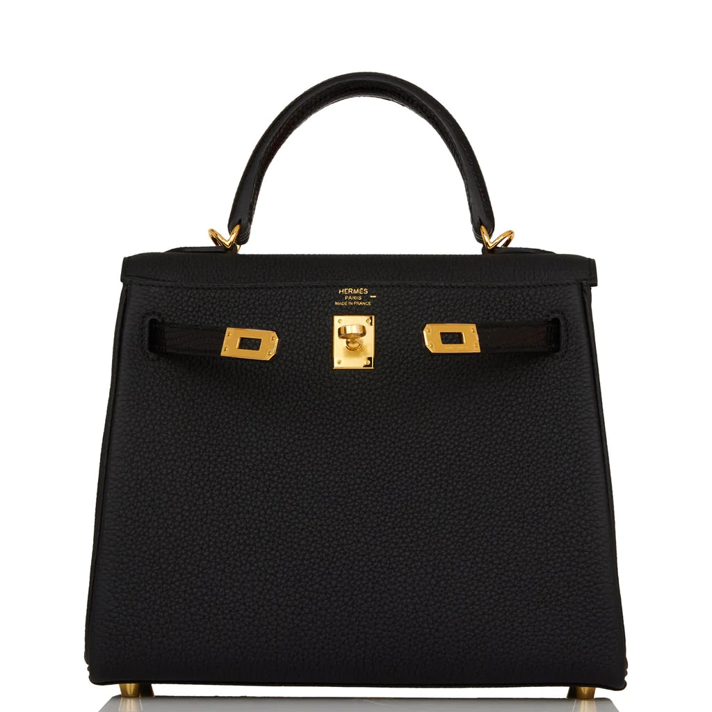 Hermès Kelly Retourne 25 Black Togo and Lizard Touch Gold Hardware