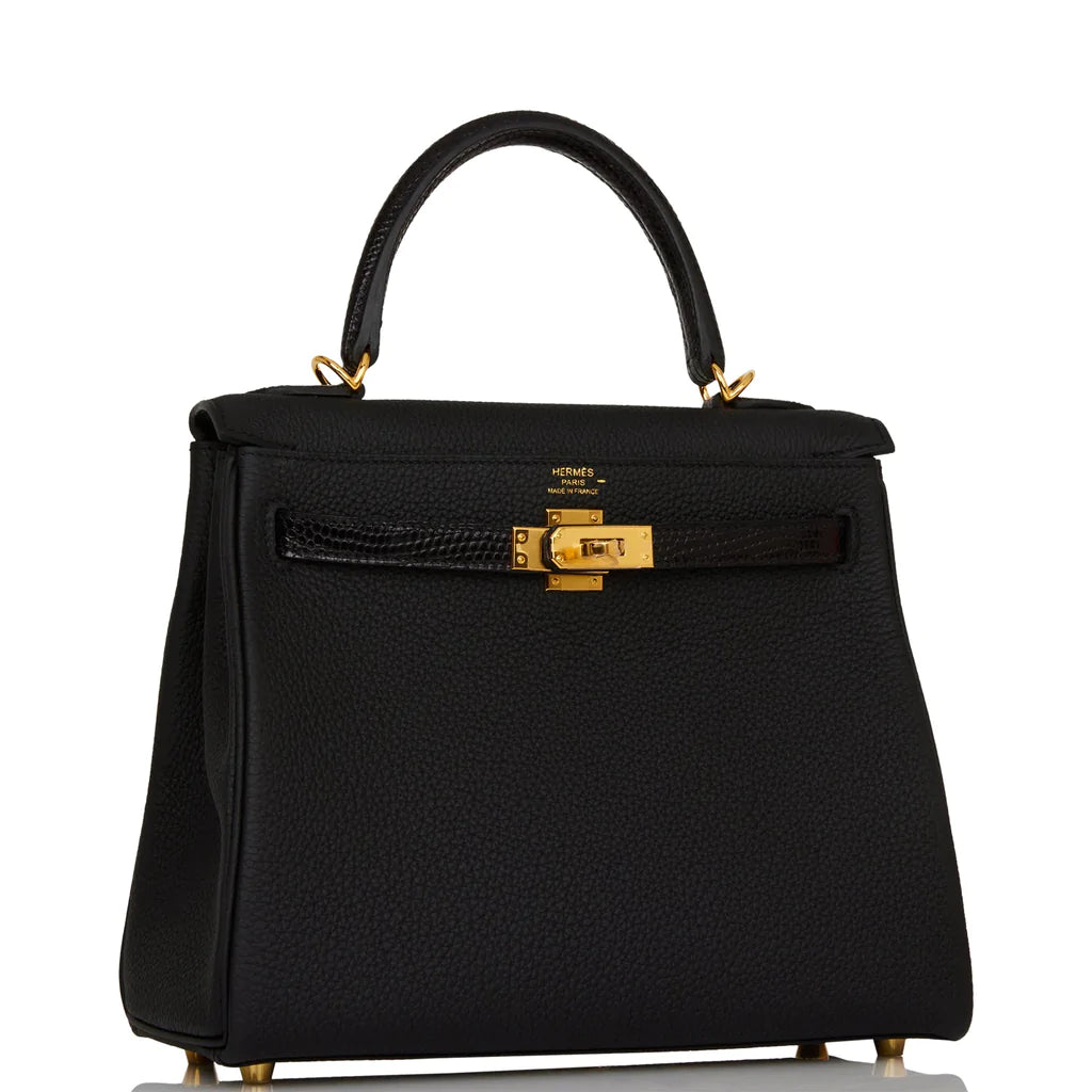 Hermès Kelly Retourne 25 Black Togo and Lizard Touch Gold Hardware