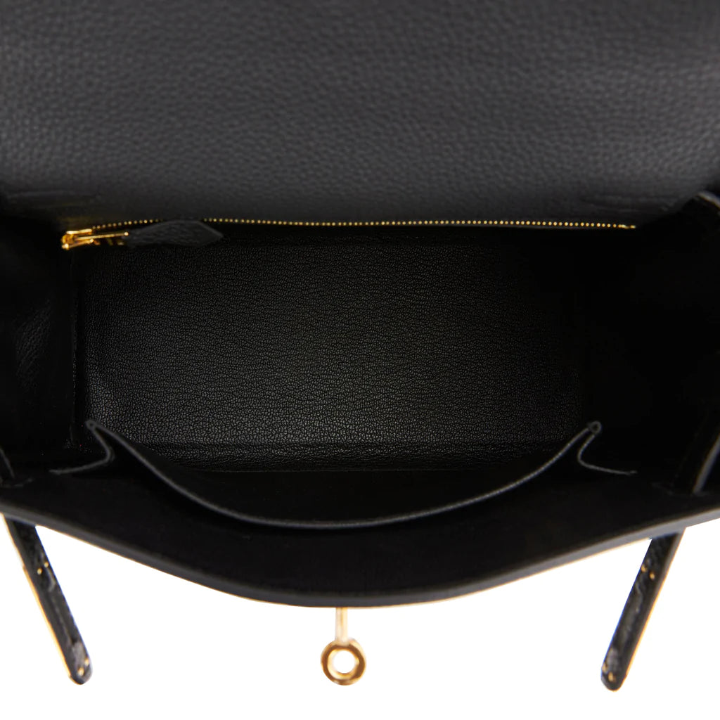 Hermès Kelly Retourne 25 Black Togo and Lizard Touch Gold Hardware