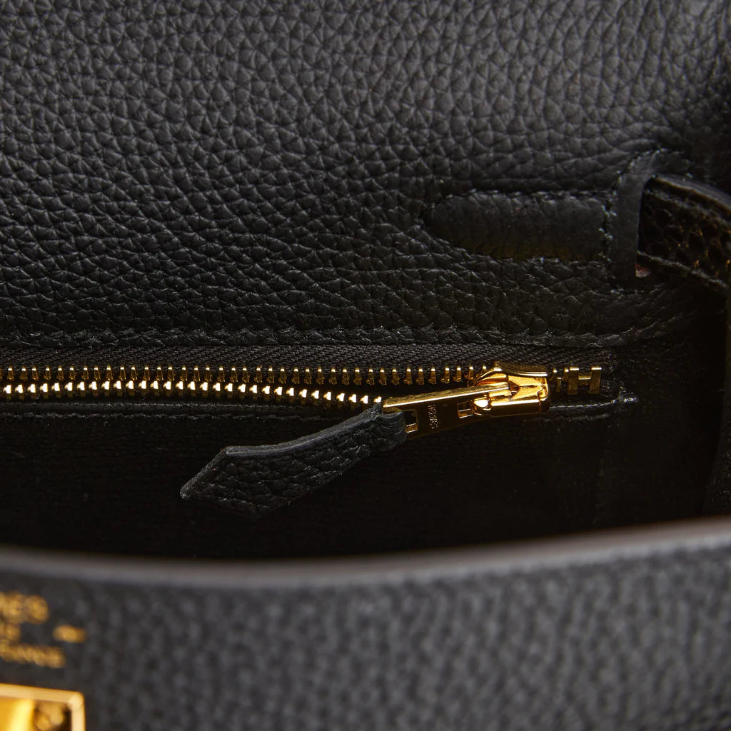 Hermès Kelly Retourne 25 Black Togo and Lizard Touch Gold Hardware