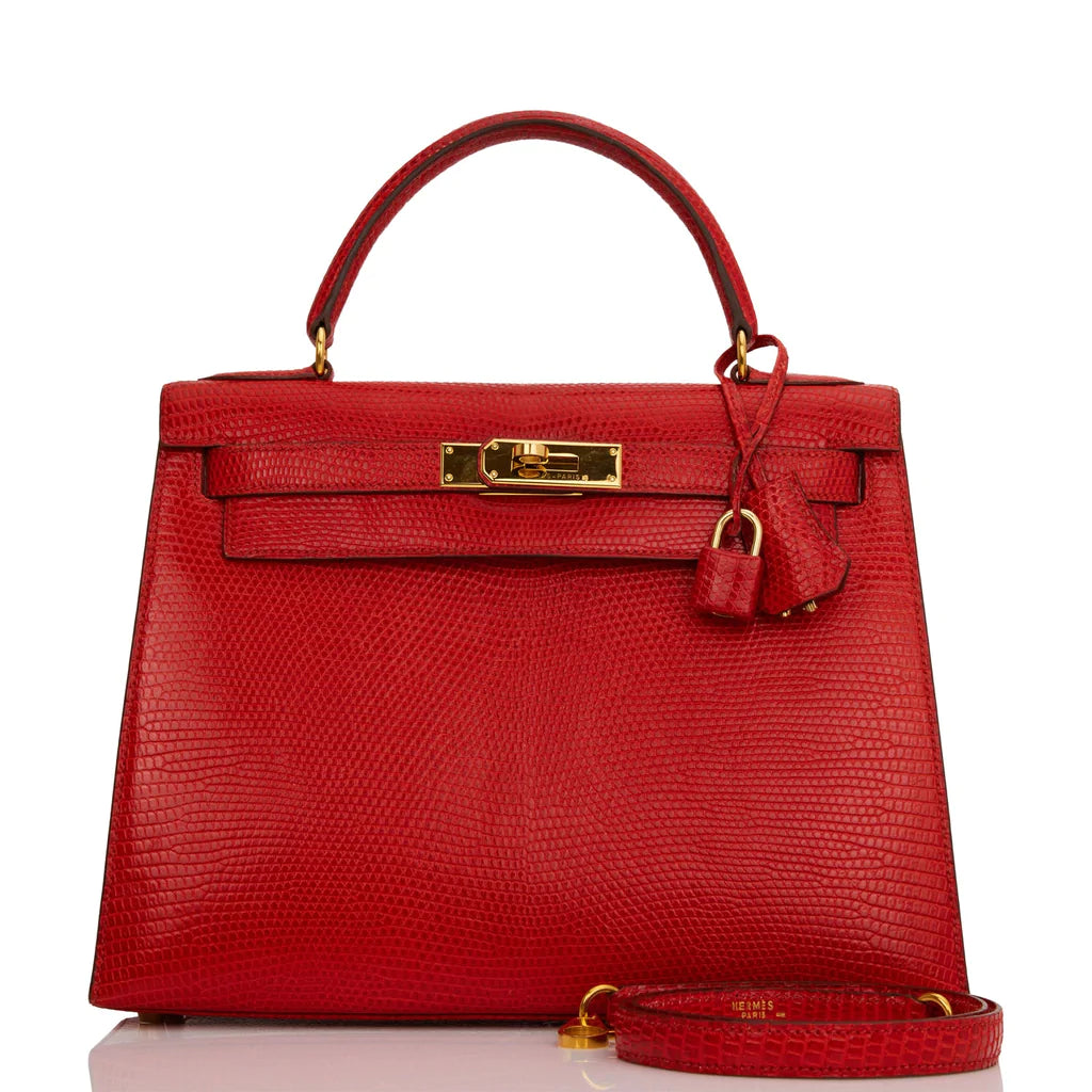 Hermès Kelly Sellier 28 Rouge Vif Lizard Niloticus Gold Hardware