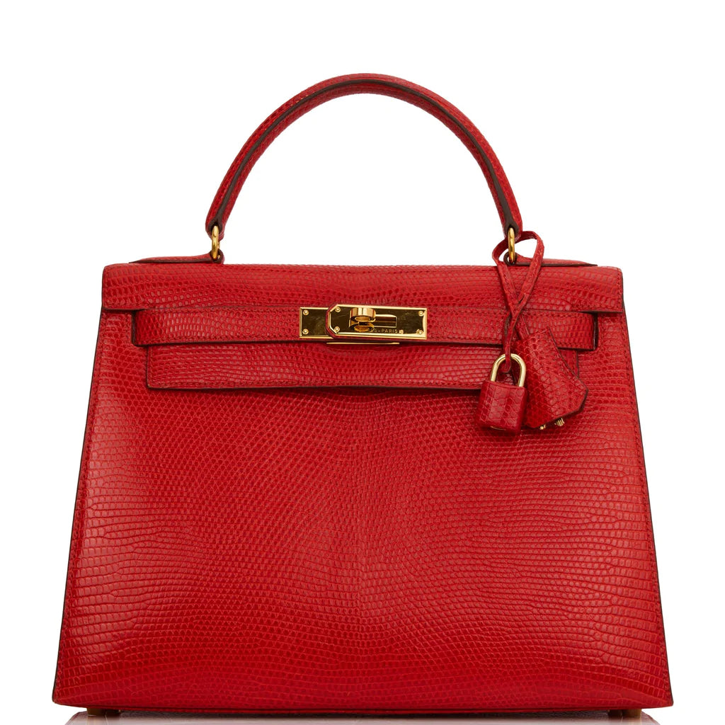 Hermès Kelly Sellier 28 Rouge Vif Lizard Niloticus Gold Hardware