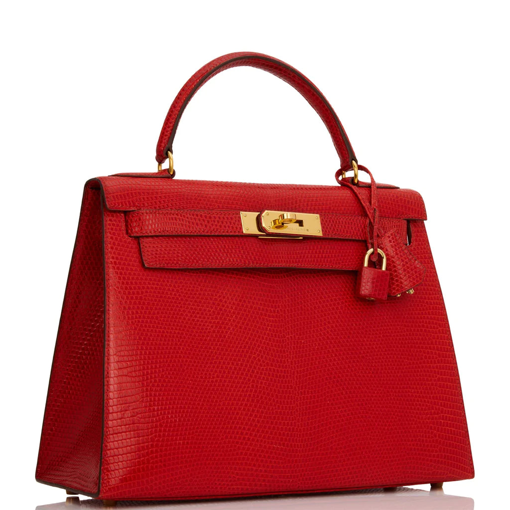 Hermès Kelly Sellier 28 Rouge Vif Lizard Niloticus Gold Hardware