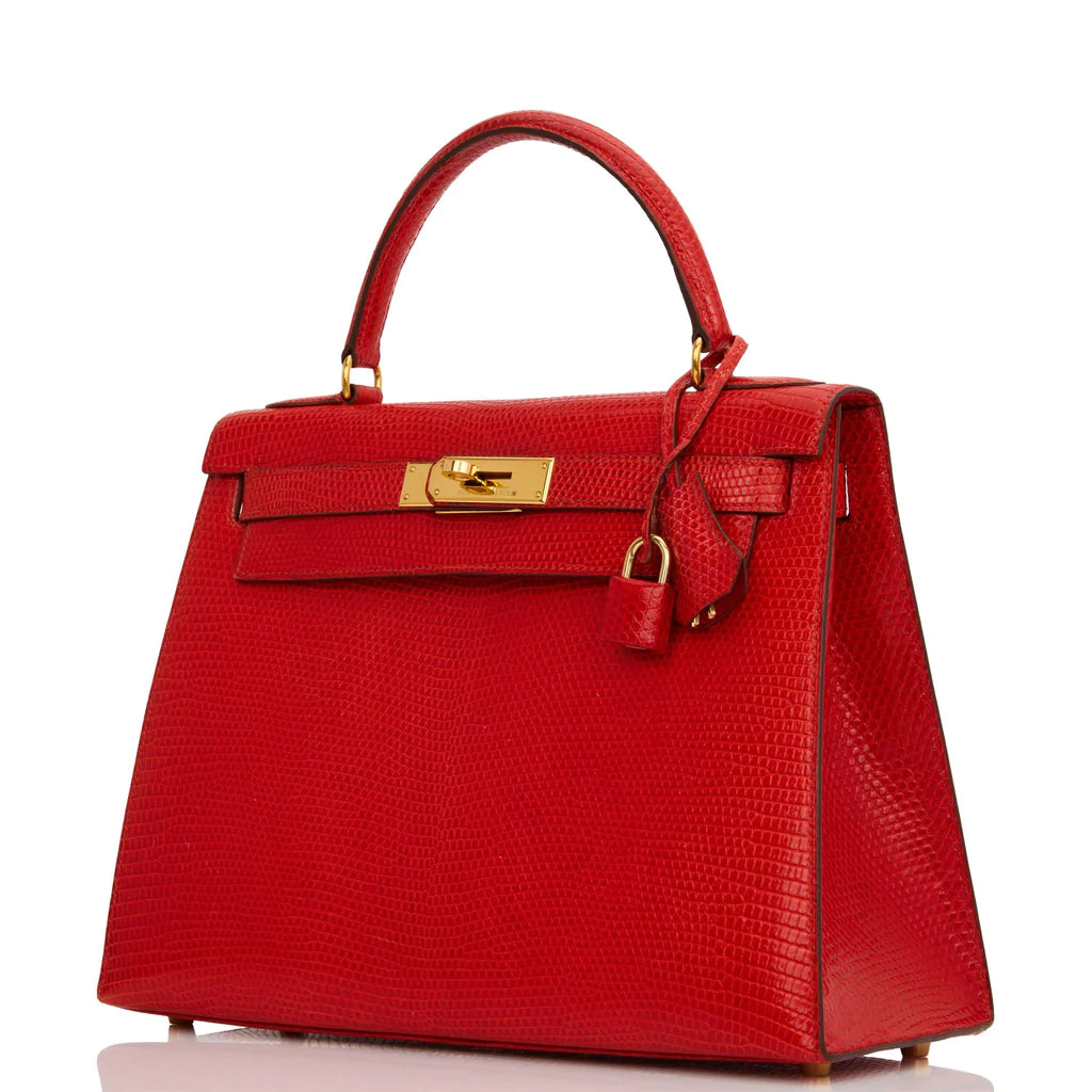 Hermès Kelly Sellier 28 Rouge Vif Lizard Niloticus Gold Hardware