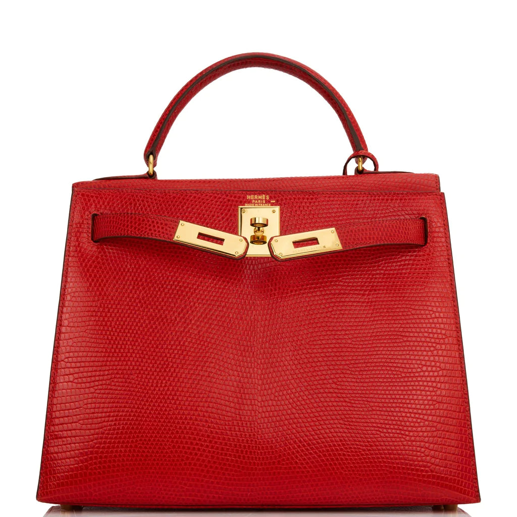 Hermès Kelly Sellier 28 Rouge Vif Lizard Niloticus Gold Hardware