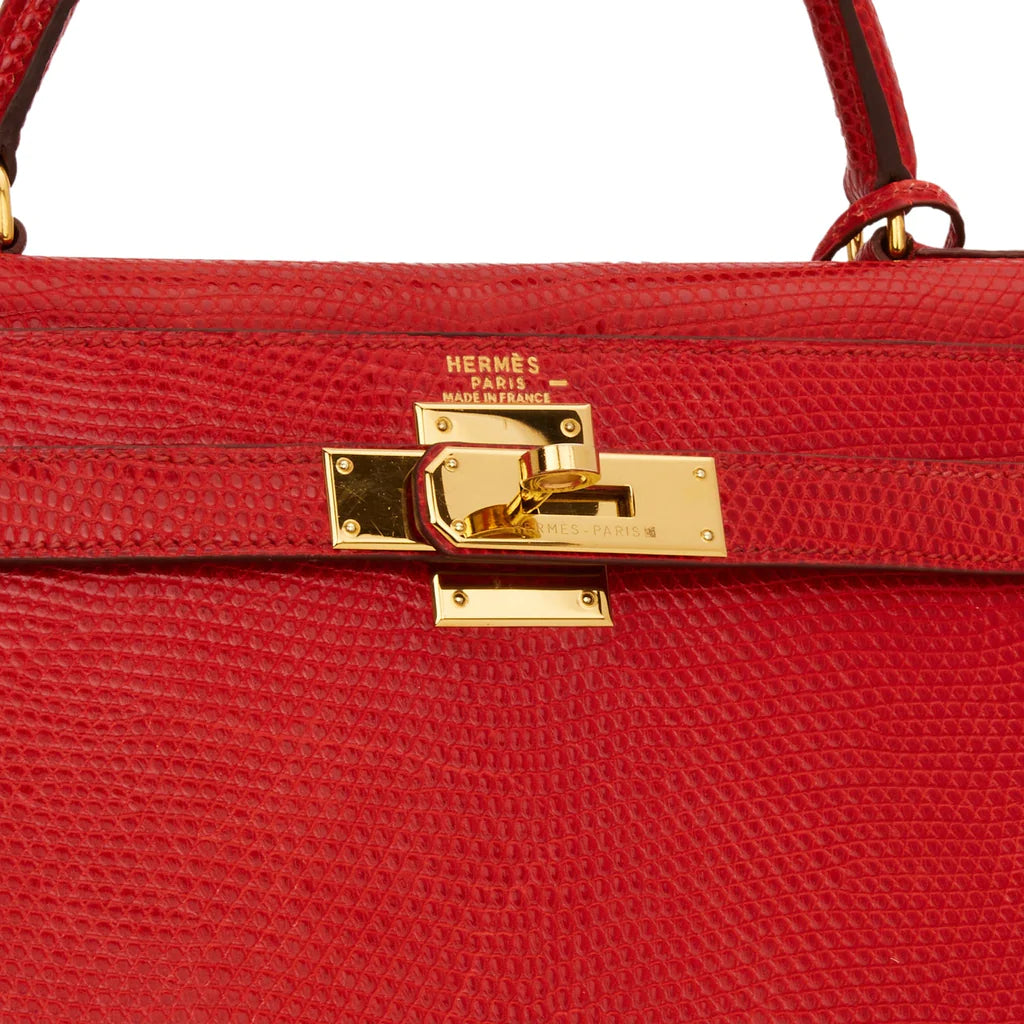 Hermès Kelly Sellier 28 Rouge Vif Lizard Niloticus Gold Hardware