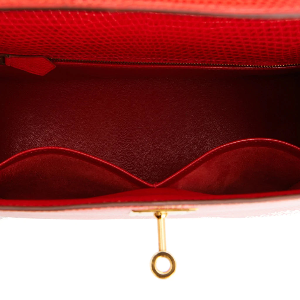 Hermès Kelly Sellier 28 Rouge Vif Lizard Niloticus Gold Hardware