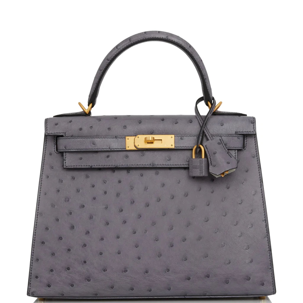 Hermès Special Order (HSS) Kelly Sellier 28 Gris Agate and Gris Perle Ostrich Brushed Gold Hardware