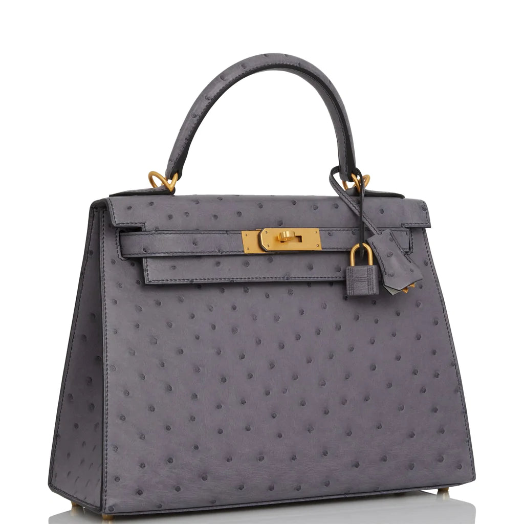 Hermès Special Order (HSS) Kelly Sellier 28 Gris Agate and Gris Perle Ostrich Brushed Gold Hardware