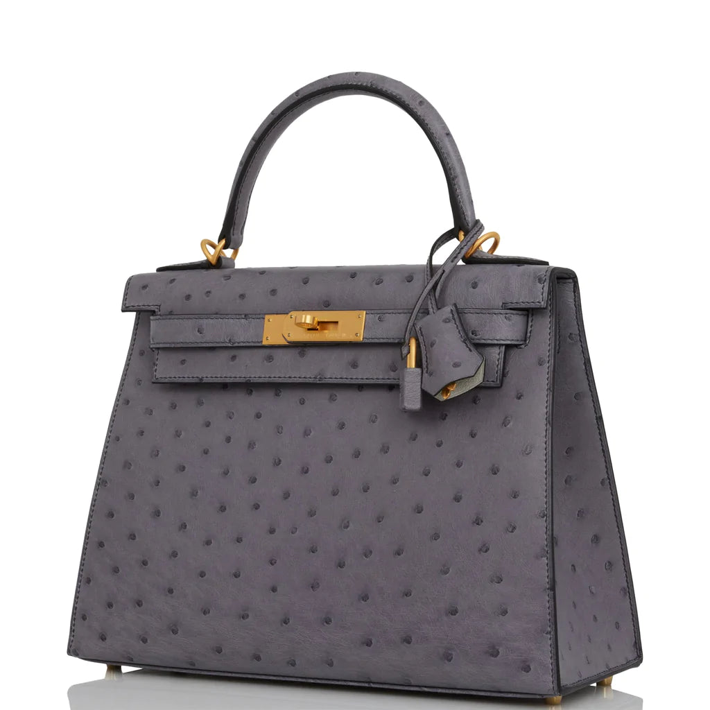 Hermès Special Order (HSS) Kelly Sellier 28 Gris Agate and Gris Perle Ostrich Brushed Gold Hardware