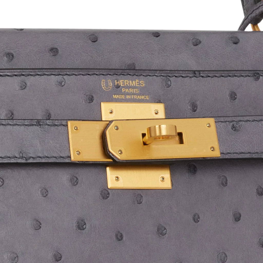 Hermès Special Order (HSS) Kelly Sellier 28 Gris Agate and Gris Perle Ostrich Brushed Gold Hardware