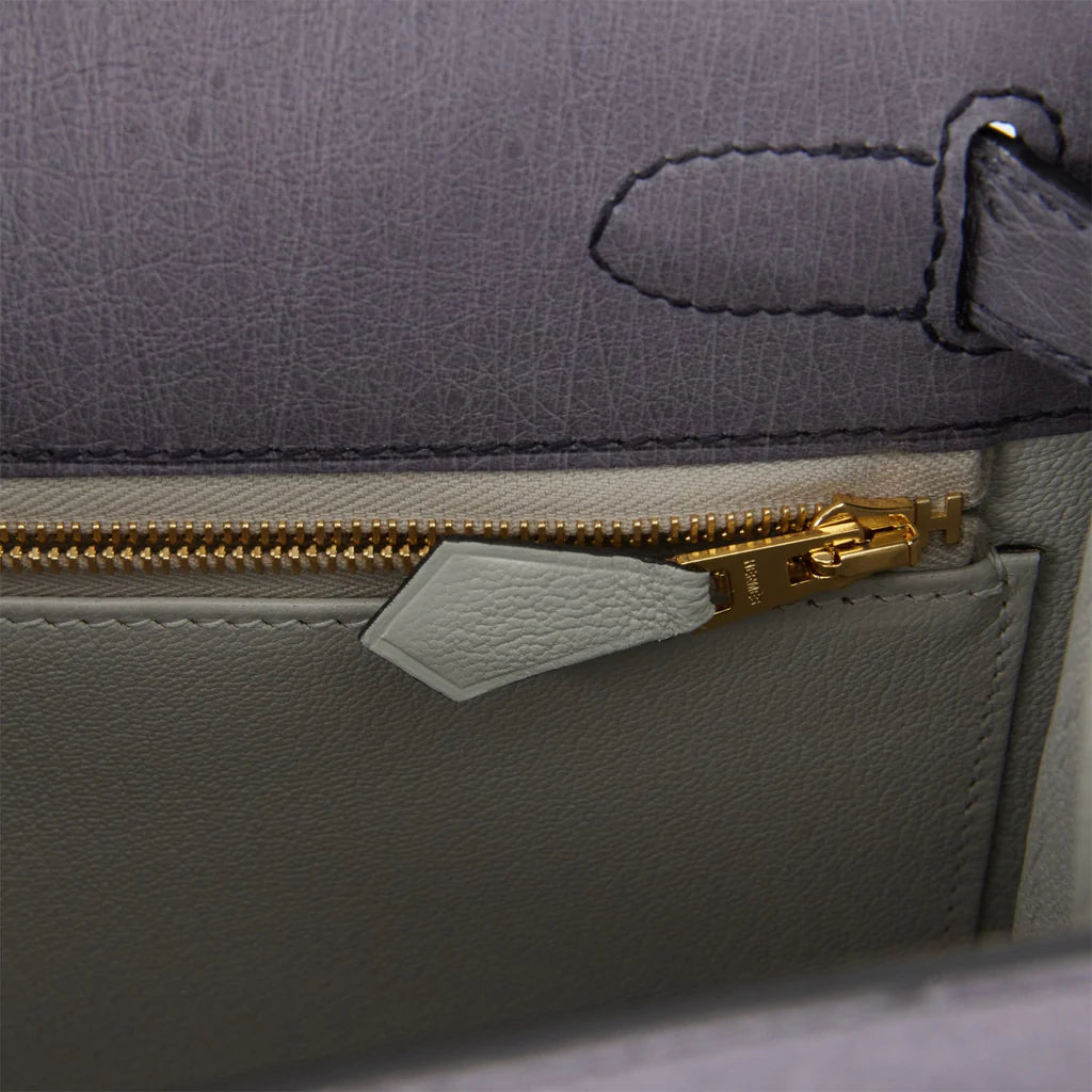 Hermès Special Order (HSS) Kelly Sellier 28 Gris Agate and Gris Perle Ostrich Brushed Gold Hardware