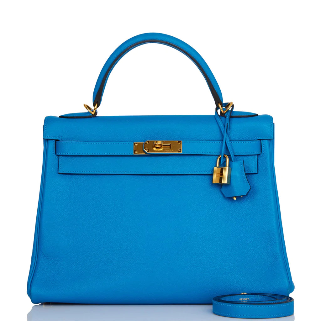 Hermès Kelly Retourne 32 Bleu Hydra Evercolor Gold Hardware