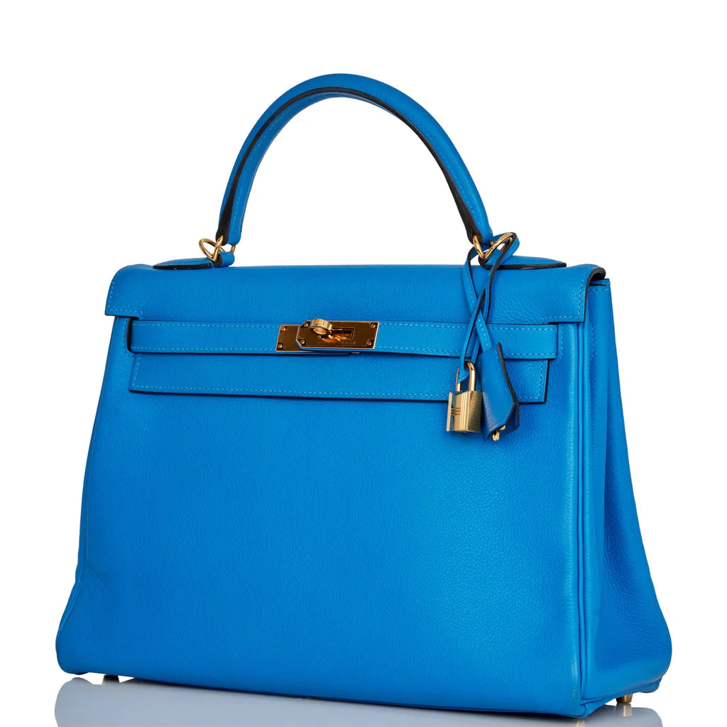 Hermès Kelly Retourne 32 Bleu Hydra Evercolor Gold Hardware